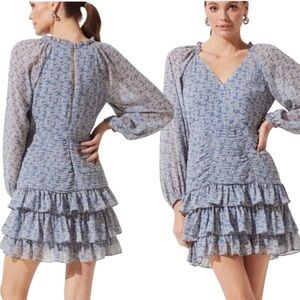 Chic Long Sleeve Blue Patterned Dress